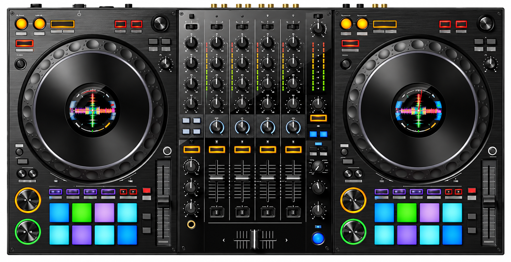 Ilustración frontal de la controladora DJ de cuatro canales